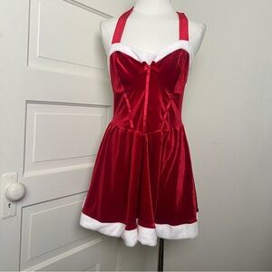 Mrs. Claus Red Velvet Halter Corset Skirt Sleepwear Dress Party Costume Lingerie